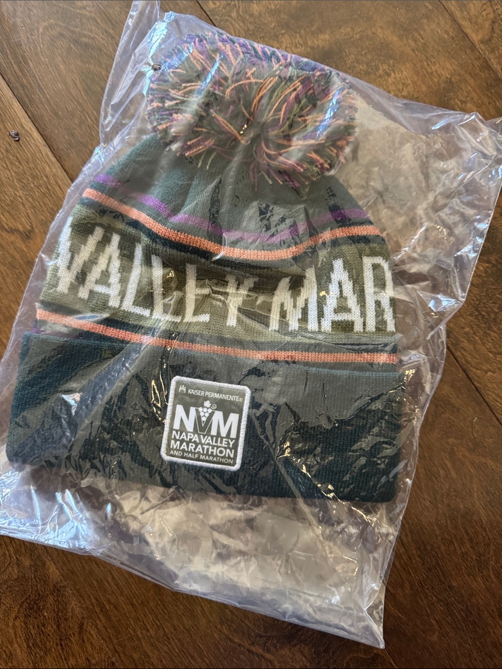 Napa Valley Marathon Knit Beanie - Olive with Pink & Purple Accents